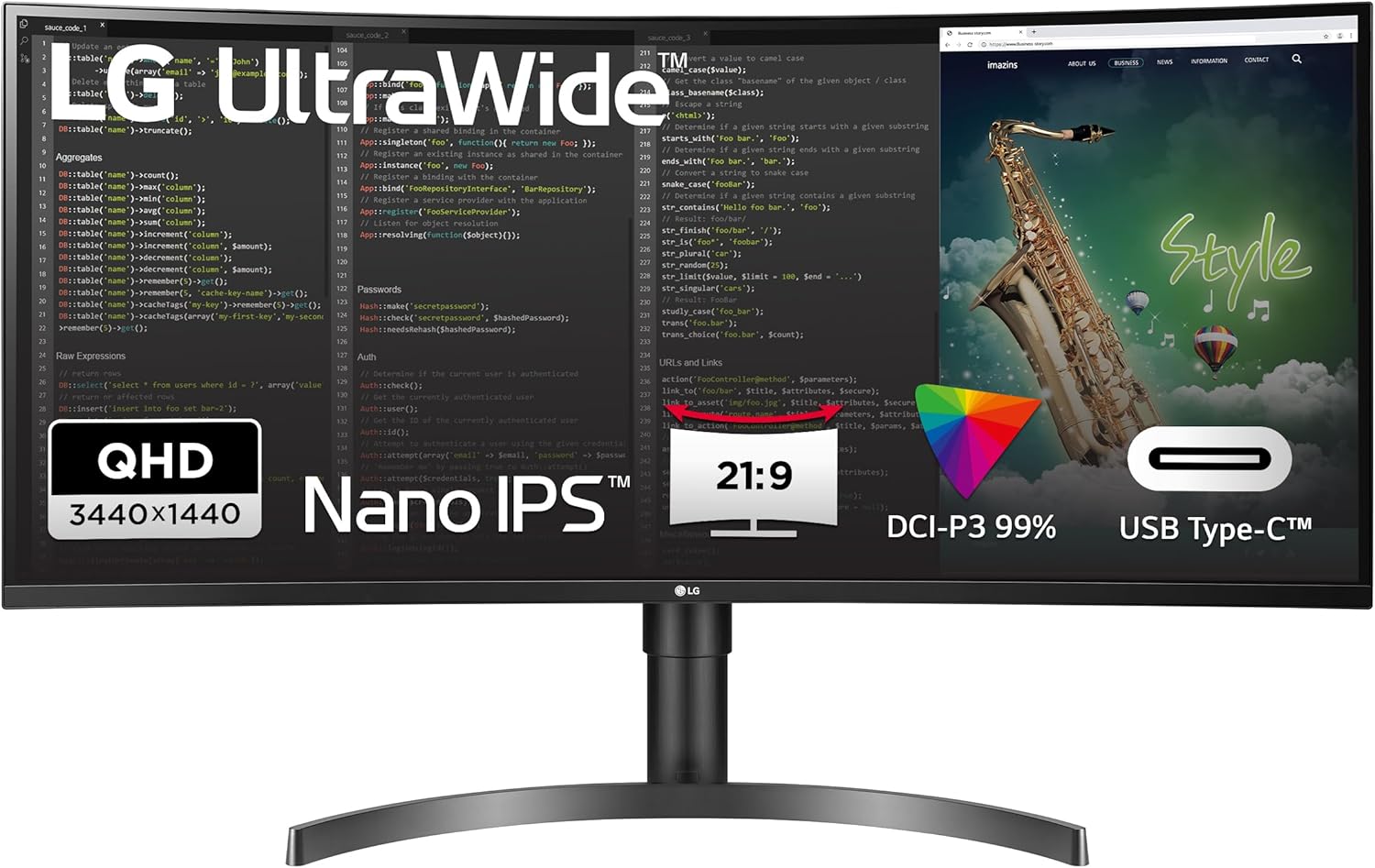 LG 35WN75CP B Curved Monitor - 35 Zoll UltraWide QHD mit 3440 x 1440 - HDR10 AMD FreeSync und 60 Hz - USB C HDMI DisplayPort für Büro und Multimedia-Nestmyio