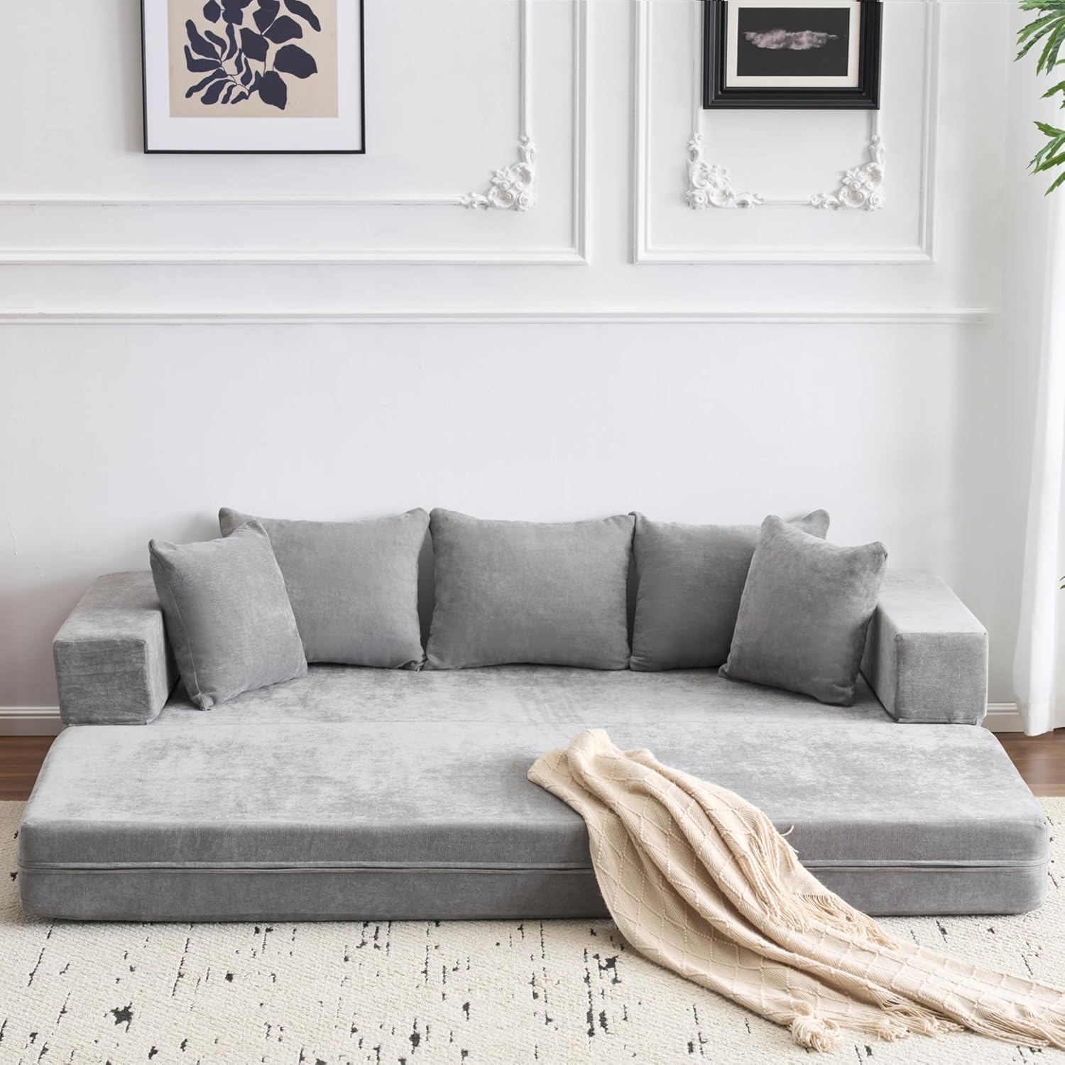 EROMMY Schlafsofa und Gästematratze - Faltbares Bodensofa mit 5 Kissen - 200 x 140 x 20 cm bis 460 kg belastbar - Grau und Oeko Tex zertifiziert-Nestmyio