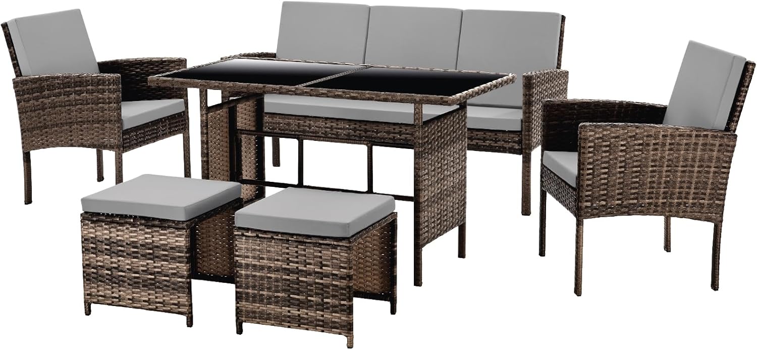 SVITA Denver Polyrattan Gartenmöbel Set - Essgruppe und Lounge für 7 Personen - Esstisch mit abgestimmten Sitzmöbeln - Braun im modernen Stil für Garten und Terrasse-Nestmyio