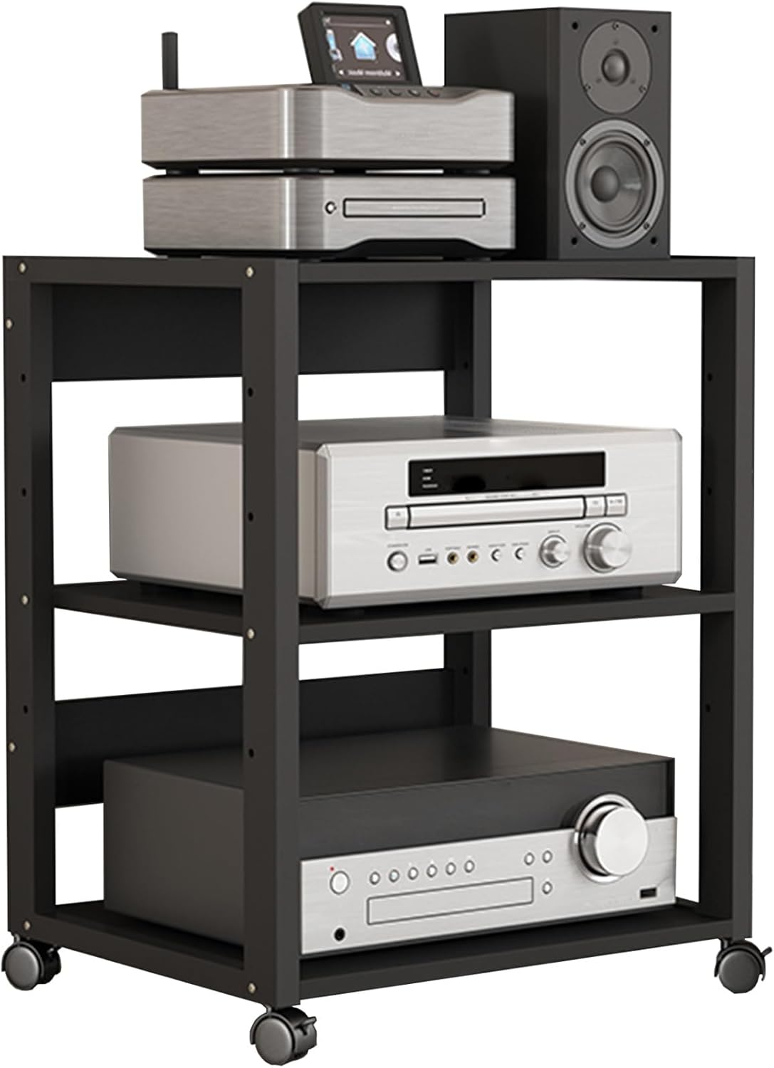 YLLFFLL HiFi Rack mit Rollen - 3 oder 4 Ebenen für Stereo Komponenten und Lautsprecher - Verstellbarer Einlegeboden und 12 kg Gewicht - Für Heimkino und Medienraum-Nestmyio