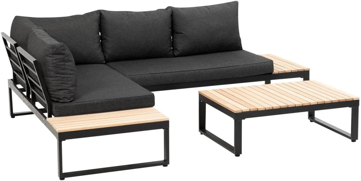 greemotion Rio Gartenmöbel Lounge Set - Aluminium und FSC zertifiziertes Akazienholz - Mittelgroße Sitzgruppe mit 37 kg Gewicht - Schwarz Holzfarben Grau für Garten und Terrasse-Nestmyio