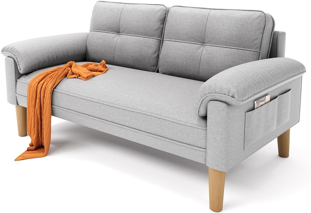 Xbro Sofa 2 Sitzer - Hellgraue Stoffcouch mit Armlehne und Seitentasche - 145 x 77 x 77 cm bis 350 kg belastbar - Für Wohnzimmer Wohnung Büro-Nestmyio