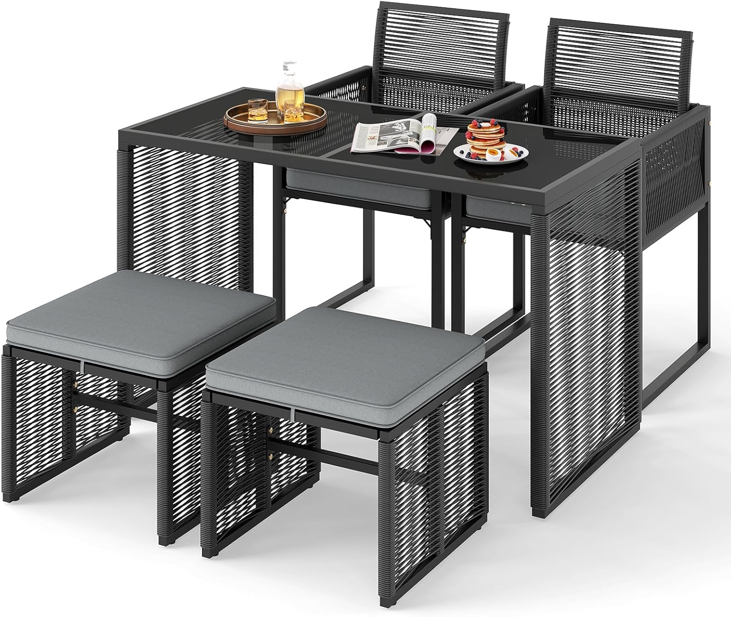GIANTEX Rattan Balkonmöbel Set - 2 Stühle mit Hockern und Kissen für 4 Personen - Platzsparendes 5 teiliges Set mit 39 kg - Schwarz Grau für Terrasse Balkon-Nestmyio