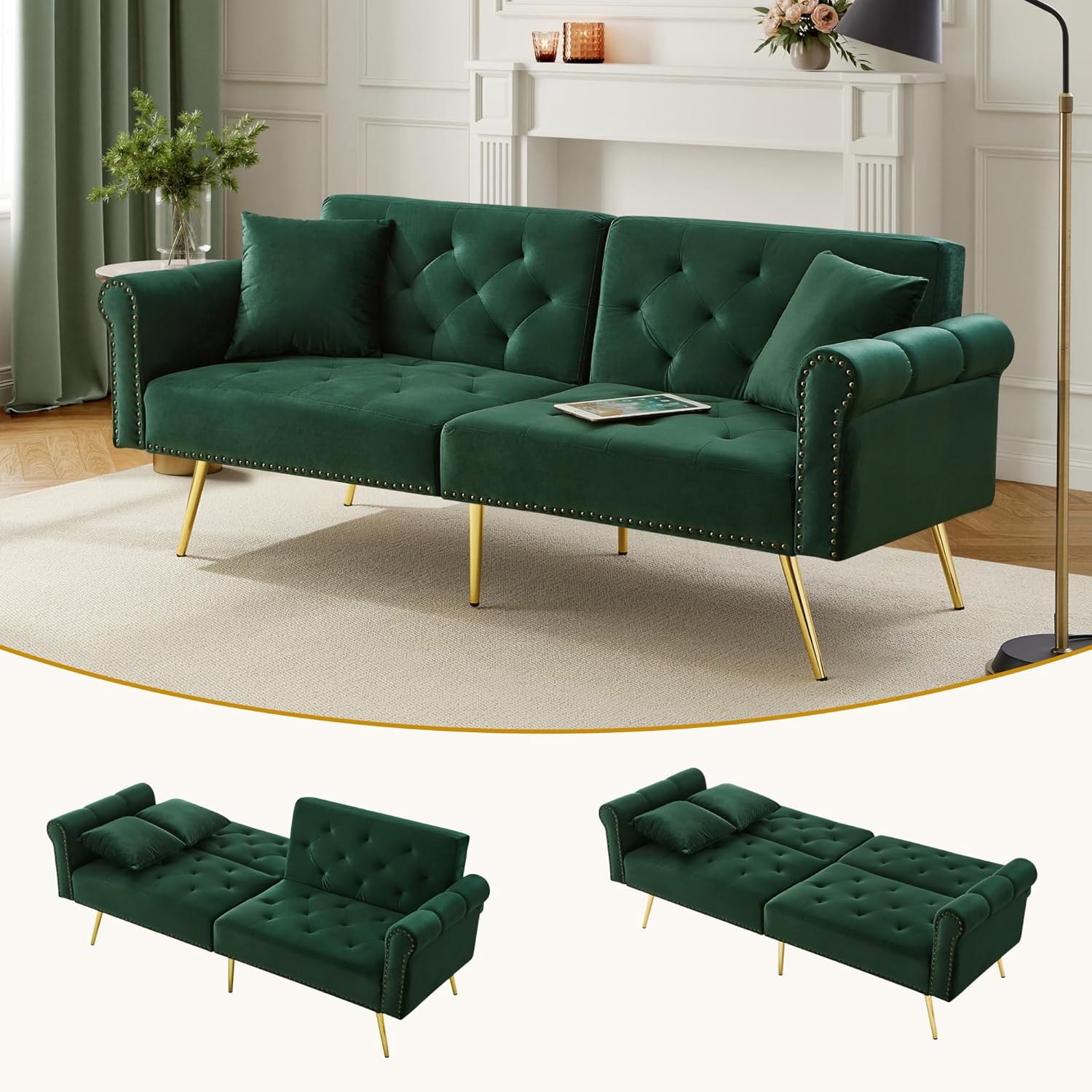 Modernes Schlafsofa 2 Sitzer - Samtbezug mit verstellbarer Rückenlehne und Bettfunktion - 173 x 75 x 70 cm bis 400 kg - Antikgrün für Wohnzimmer Wohnung und Büro-Nestmyio