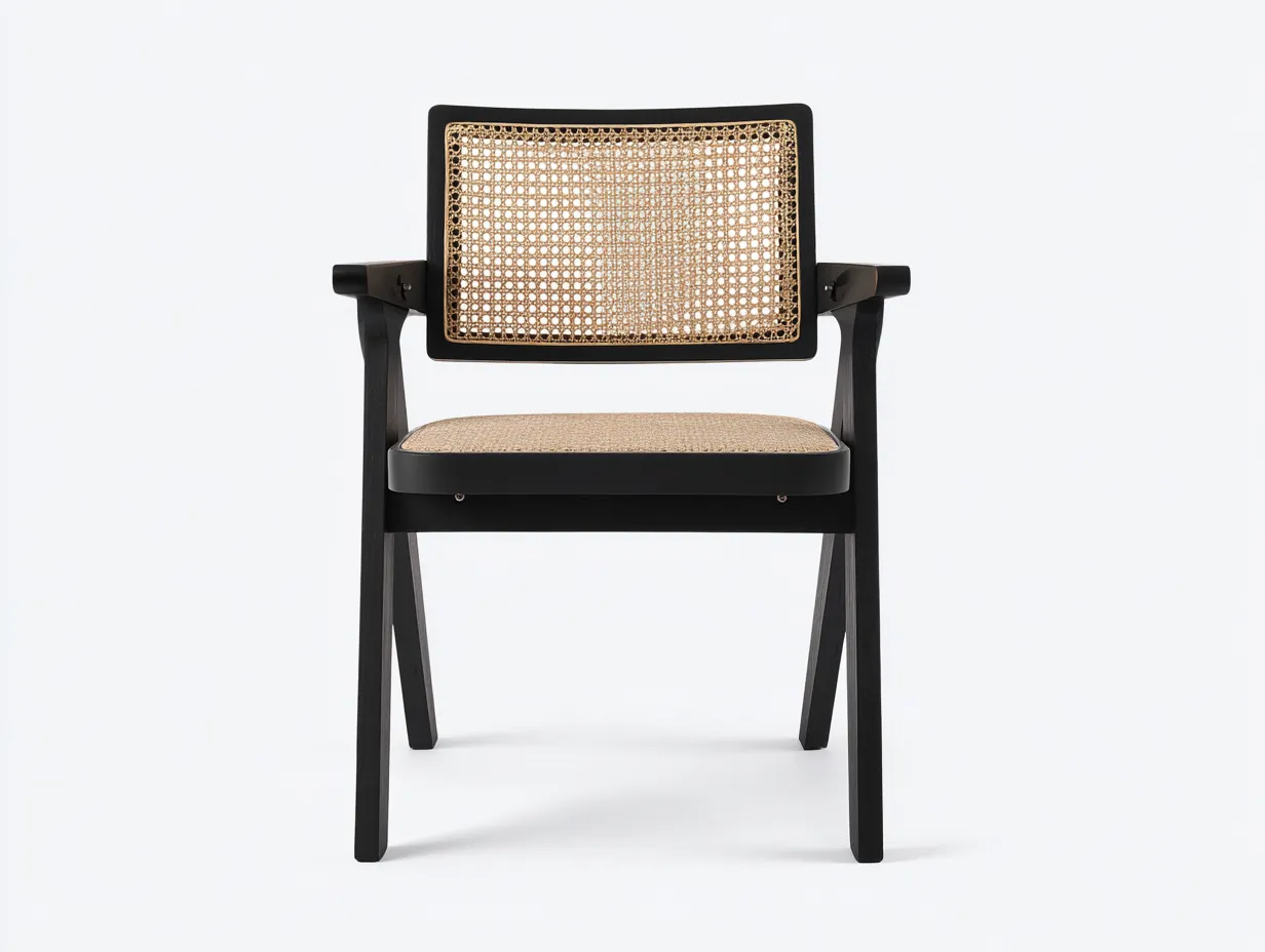 Esszimmerstuhl mit Armlehnen - schwarzem Rahmen und Wiener Geflecht 55 x 55 x 80 cm - Schwarz und Natur - eleganter Dining Chair mit klarer Linienführung-Nestmyio