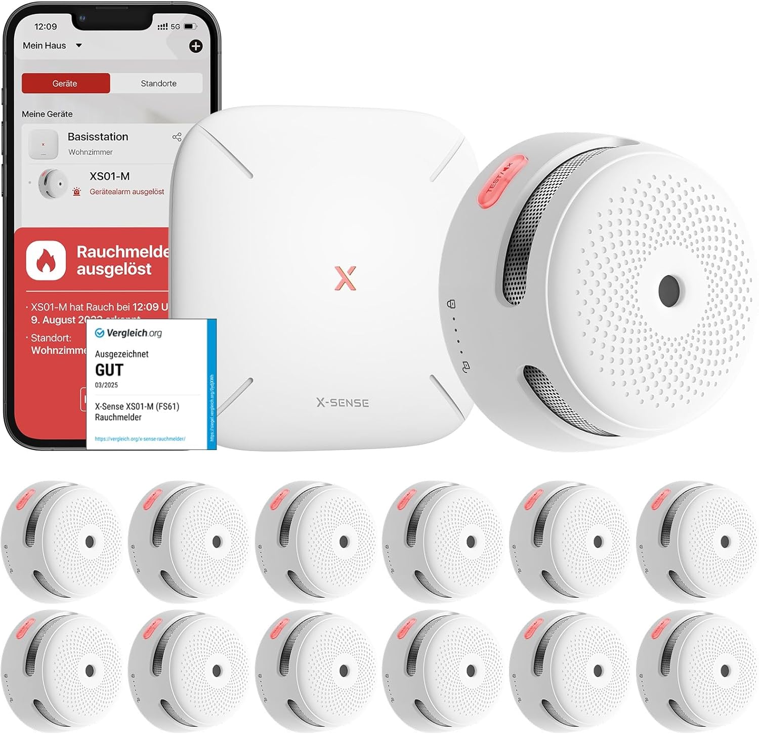 X Sense XS01 M Rauchmelder Set - Zwölf Funkrauchmelder mit SBS50 Basisstation - WLAN App Steuerung und EN 14604 Zertifizierung - Weiß batteriebetrieben mit hörbarem Alarm-Nestmyio