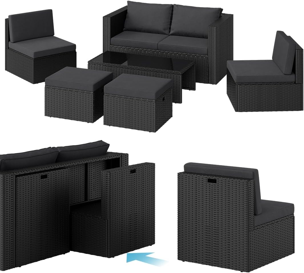 STEELSON Noctura Rattan Gartenmöbel Set - Sechsteilige Lounge mit Sofa Sessel Tisch und Hocker - Wetterfestes Metallgestell - Schwarz Anthrazit für Garten Balkon und Terrasse-Nestmyio