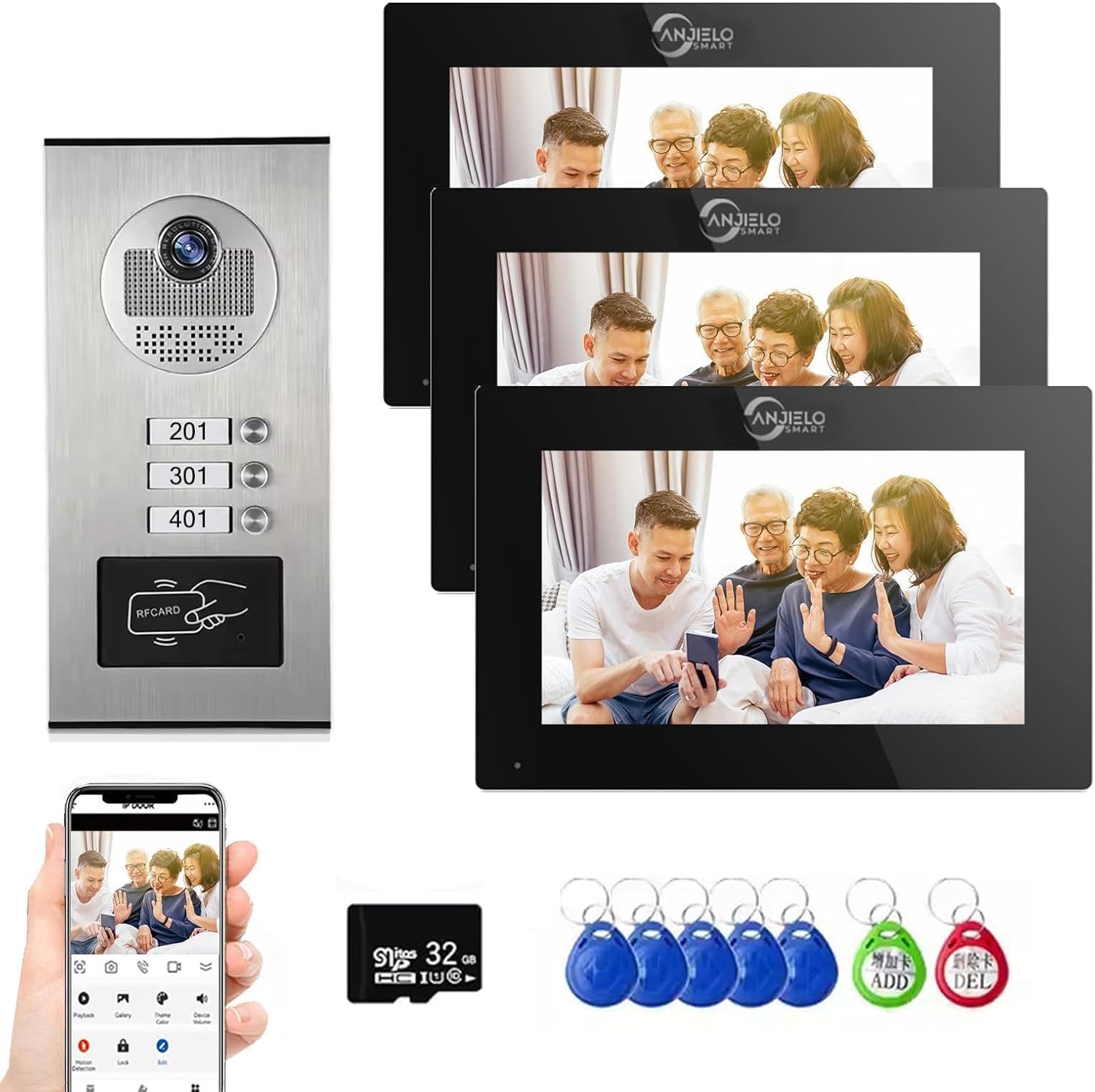 1080p Video Türsprechanlage - Kabelgebundenes System mit drei 7 Zoll Touchmonitoren - Bewegungserkennung und Tuya Unterstützung - Für Wohngebäude mit mehreren Einheiten-Nestmyio