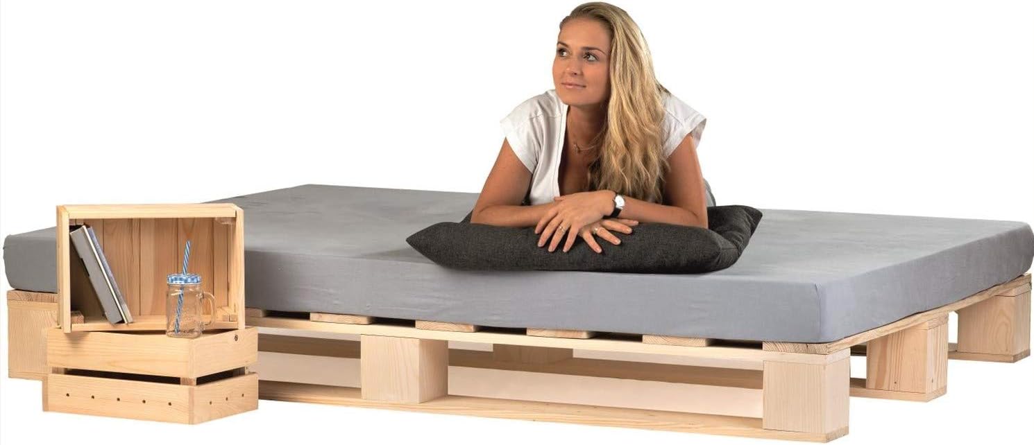 sunnypillow Palettenbett aus Massivholz - Liegefläche 200 x 200 cm - Fichtenholz in natürlicher Optik - Modernes Holzbett zur Montage für Schlafzimmer-Nestmyio