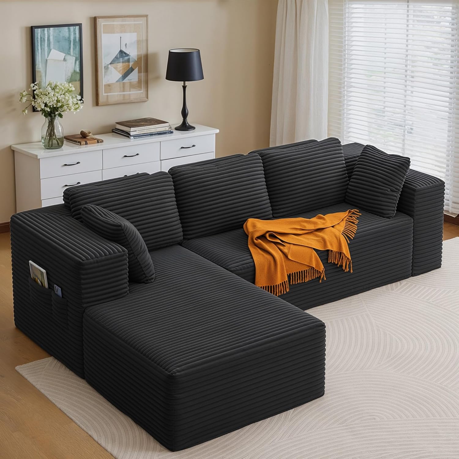 Xbro modulares Ecksofa - Montagefreie L Form Couch für 3 Personen aus Cord - Flexibel kombinierbar mit Kissen und Seitentaschen - Schwarz für Wohn und Schlafzimmer-Nestmyio