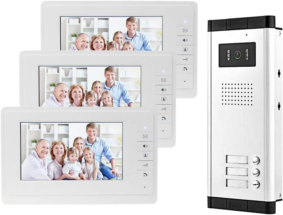 Video Türsprechanlage für Mehrfamilienhaus - Drei 7 Zoll Innenmonitore mit 480p Anzeige - Infrarot Nachtsichtkamera und kabelgebundenes Türsystem - Für zwei bis drei Wohnungen-Nestmyio