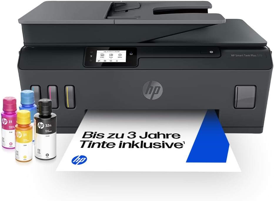 HP Smart Tank Plus 570 Multifunktionsdrucker - Drucken Scannen Kopieren mit WLAN ADF und Touchscreen - Tintentank mit Tinte für bis zu 3 Jahre - Schwarz mit 3 Jahren Garantie-Nestmyio