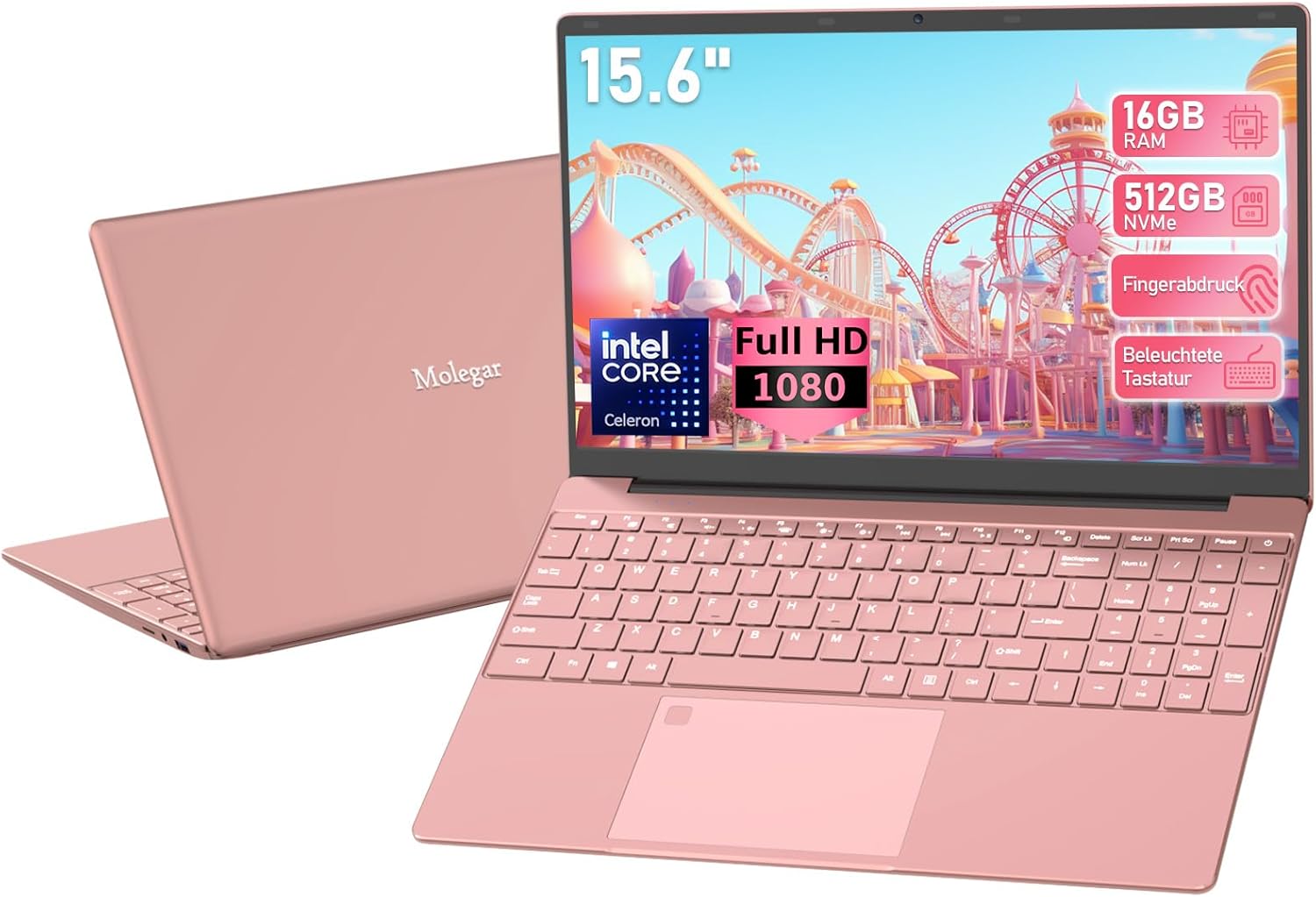 15,6 Zoll Full HD Laptop T152A - Intel Celeron 5205U bis 2 GHz - 16 GB RAM und 512 GB SSD - Windows 11 mit beleuchteter QWERTY Tastatur und Fingerabdruckleser Rosa-Nestmyio