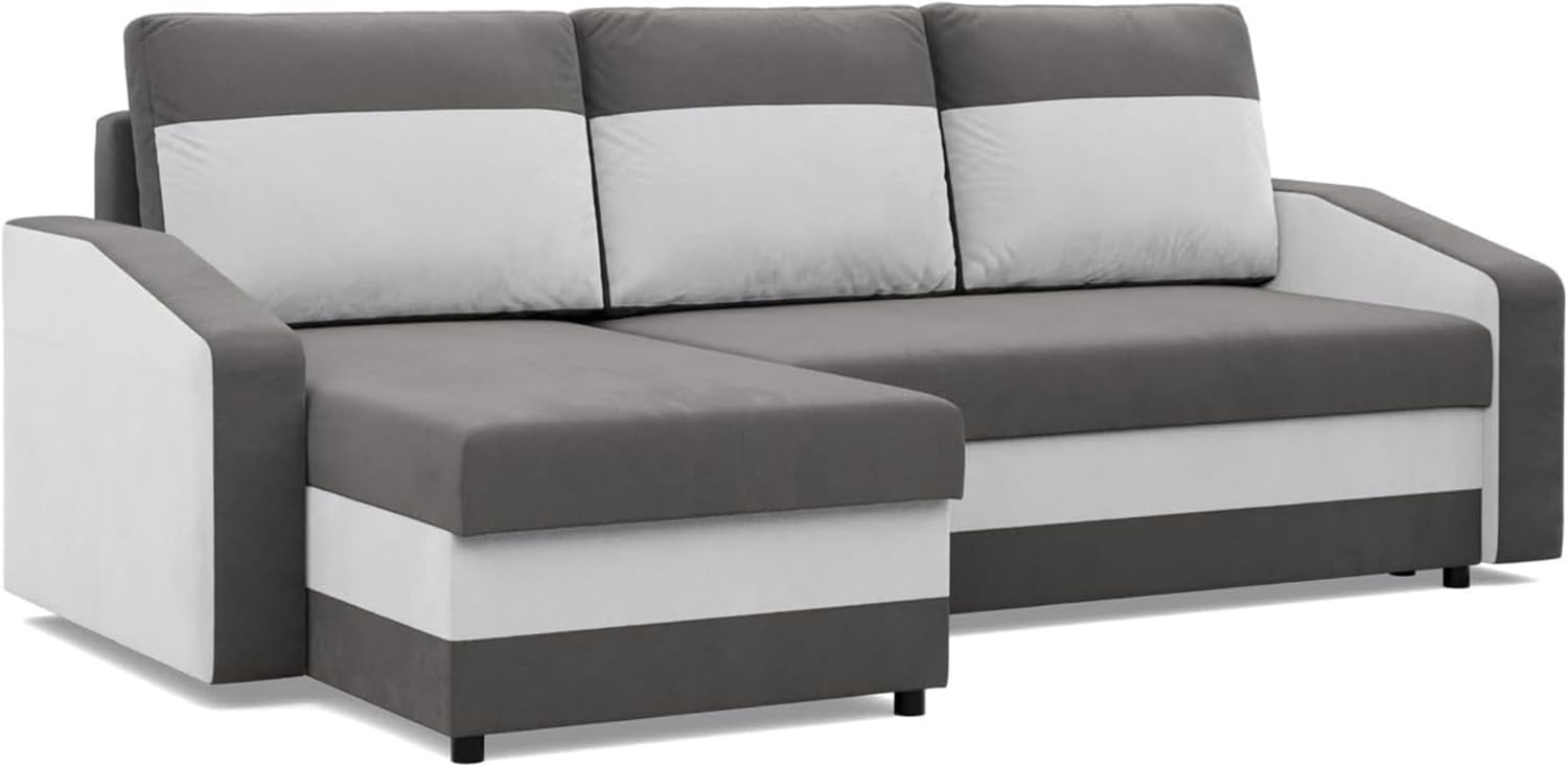 Mebligo Orion Ecksofa mit Schlaffunktion - L Form mit universeller Seite und Bettkasten - Mikrofaser gepolstert bei 231 x 140 x 85 cm - Grau Weiß für Wohnzimmer-Nestmyio