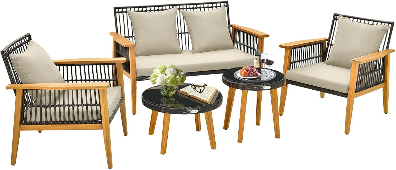 GIANTEX Rattan Gartenlounge Set - Fünfteilig für vier Personen mit Sitzkissen - Akazienholzrahmen mit Sesseln und Doppelsitzer - Beige Braun Schwarz für Balkon und Terrasse-Nestmyio