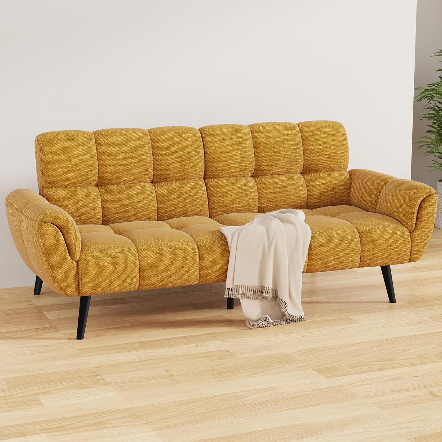 Dreisitzer Schlafsofa mit Klappfunktion - Kompakte Couch mit 155 cm Breite - Sitzhöhe 42 cm und bis 230 kg belastbar - Gelb für Wohnzimmer Büro Lounge und Schlafzimmer-Nestmyio