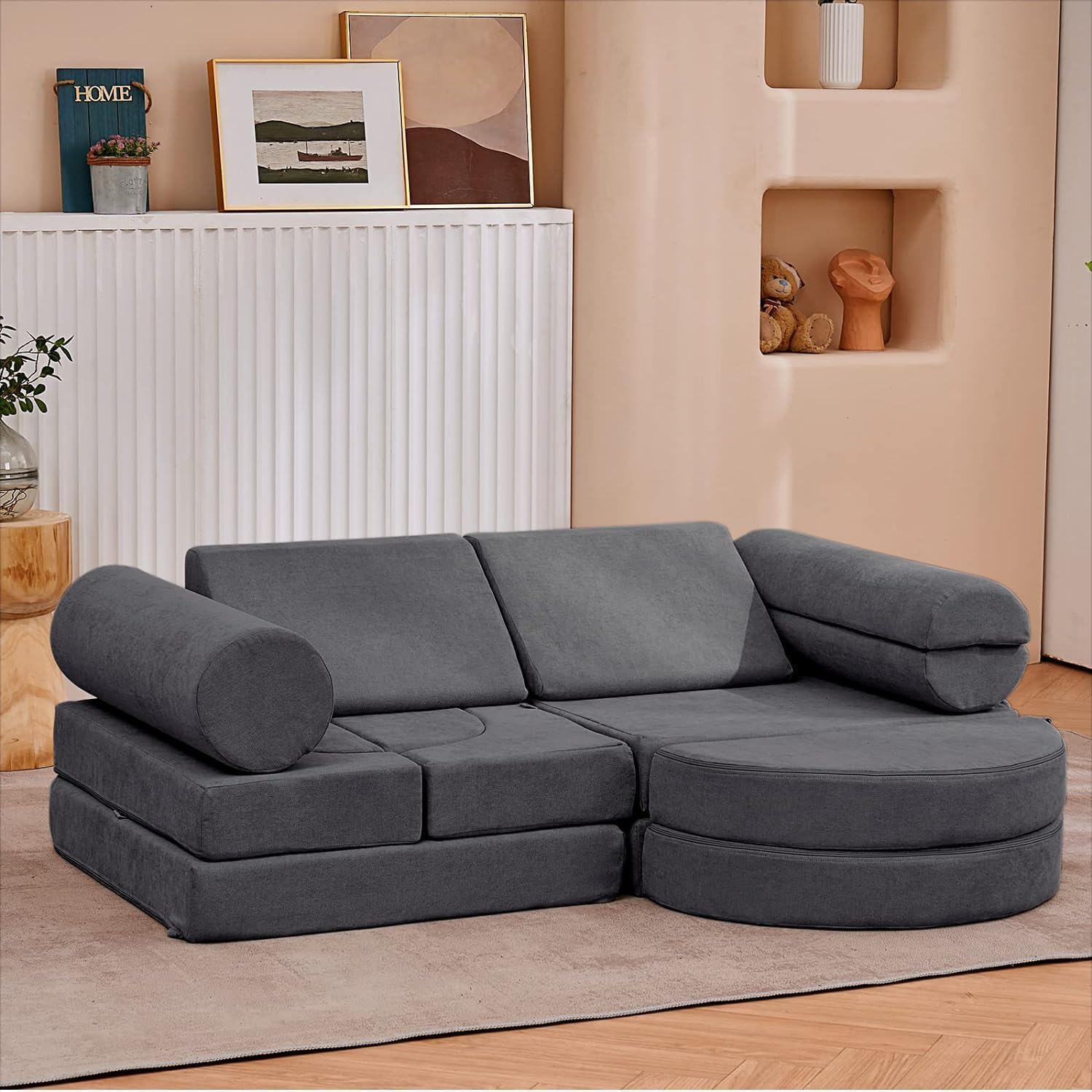 jela modulares Kindersofa - 14 teiliges Spielsofa aus Schaumstoff für vier Kinder - Mikrofaser ohne Armlehnen und ohne Montage - Holzkohlegrau für Kinderzimmer und Kuschelecke-Nestmyio