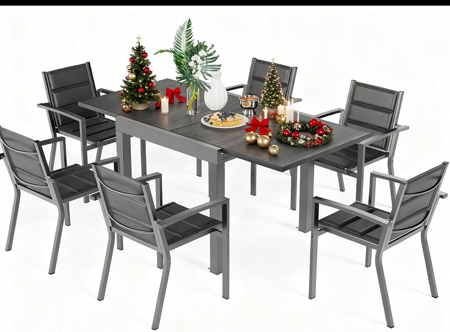 Devoko Aluminium Gartenmöbel Set für sechs Personen - Sechs stapelbare Gartenstühle - Ausziehbarer Gartentisch von 80 bis 160 Zentimetern - Dunkelgrau für Terrasse Balkon und Garten-Nestmyio