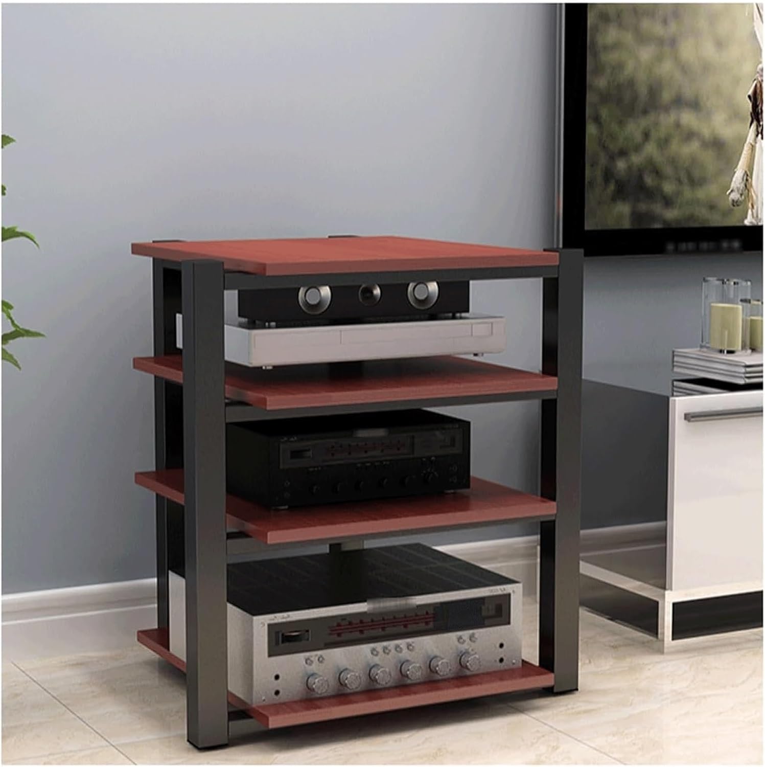AV Medienständer mit 4 Ebenen - Verdickte Holzplatten und stabiler Stahlrahmen - Offenes rotes Stereo Rack für Audio Video Komponenten - Für Wohnzimmer und Heimkino-Nestmyio