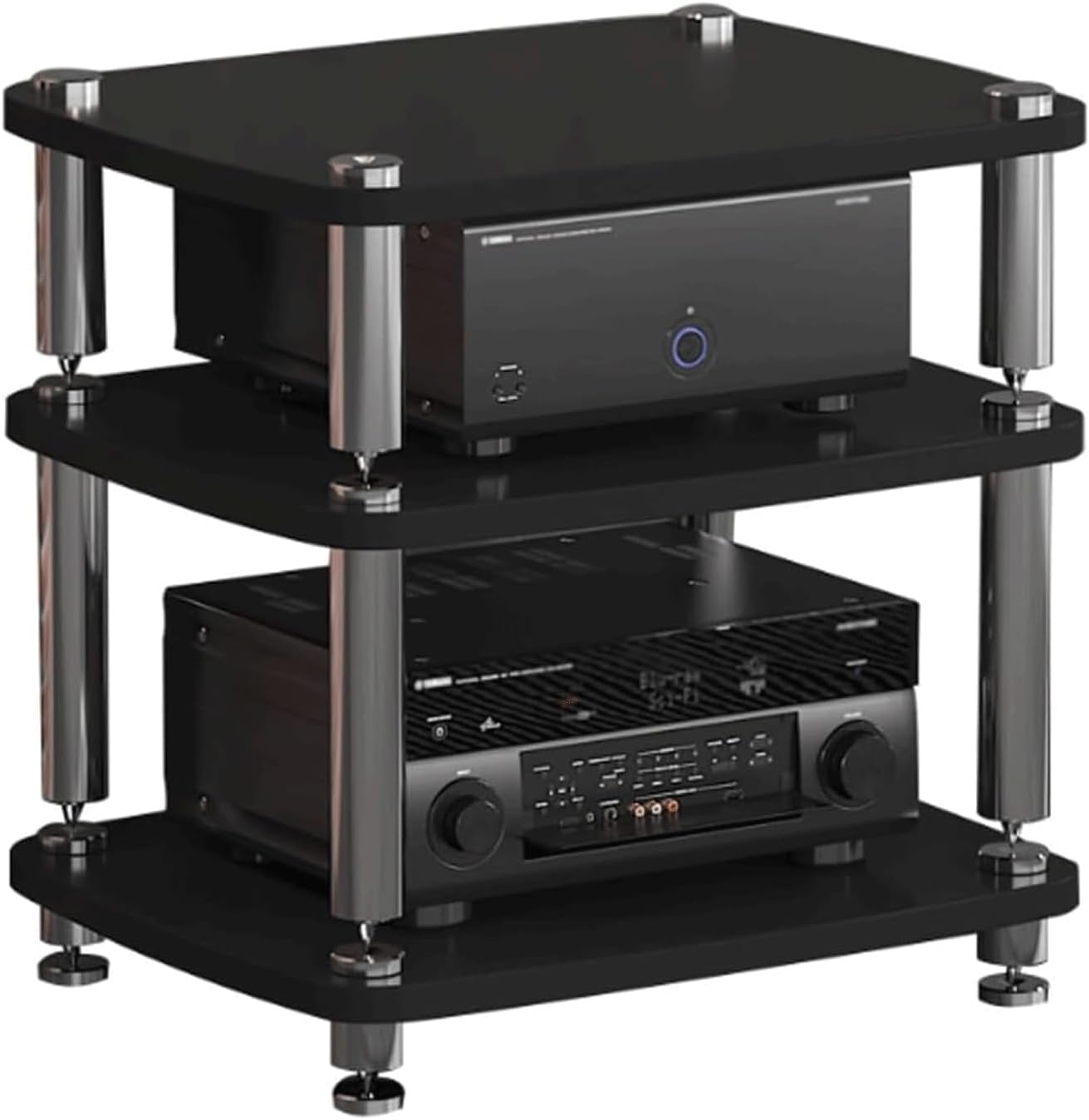 Audio Rack Turm aus Holz - Dreistufiger Ständer für CD Player und Audiokomponenten - Großer offener AV Medienständer - Schwarz für Zuhause Büro und Heimkino-Nestmyio
