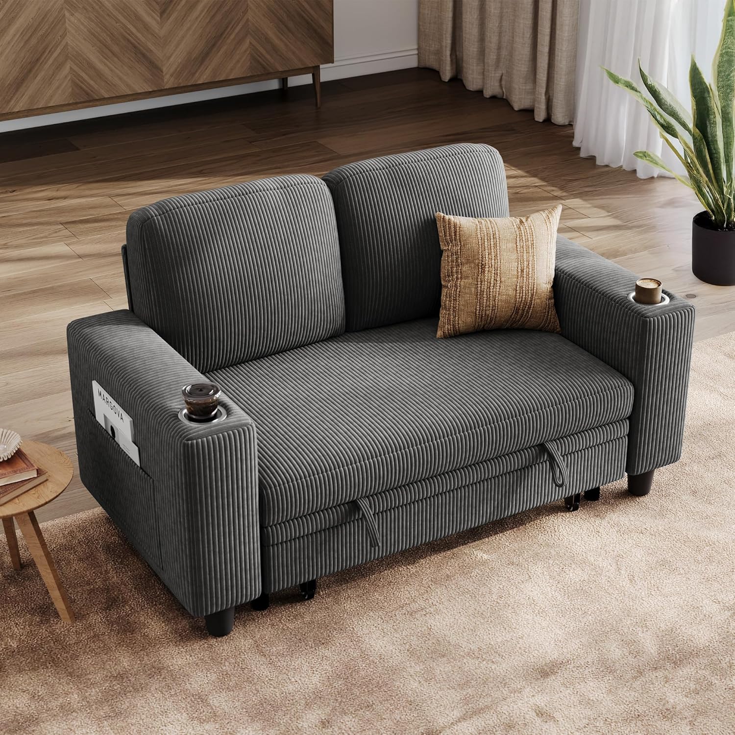 LINSY HOME Loveseat Sofa - 2 Sitzer aus Plüsch Cord mit Stauraum - Getränkehalter und moderne Polsterung - Dunkelgrau für kleine Wohnzimmer Schlafzimmer Wohnung-Nestmyio