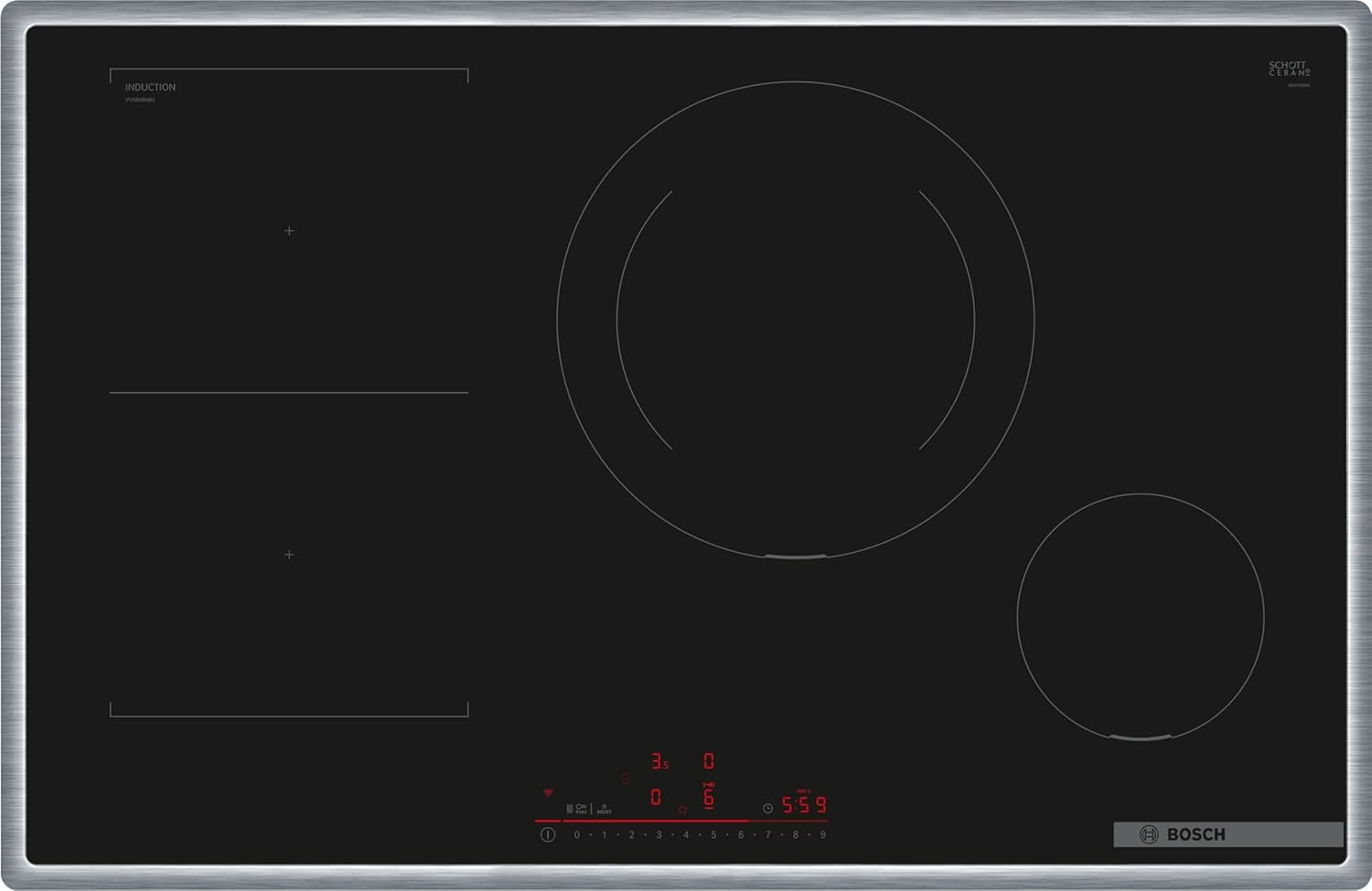Bosch PVS845HB1E Serie 6 Induktionskochfeld - 80 cm mit drei Kochzonen und Kombizone - 28 cm Kochzone Home Connect und Haubensteuerung - Edelstahlrahmen-Nestmyio