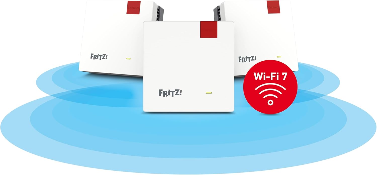 FRITZ Mesh Set 1700 mit 3 Repeatern - Wi Fi 7 bis 3600 Mbit pro Sekunde - WLAN Abdeckung für 5 bis 7 Räume - Weiß für Router und Glasfasermodem ONT-Nestmyio