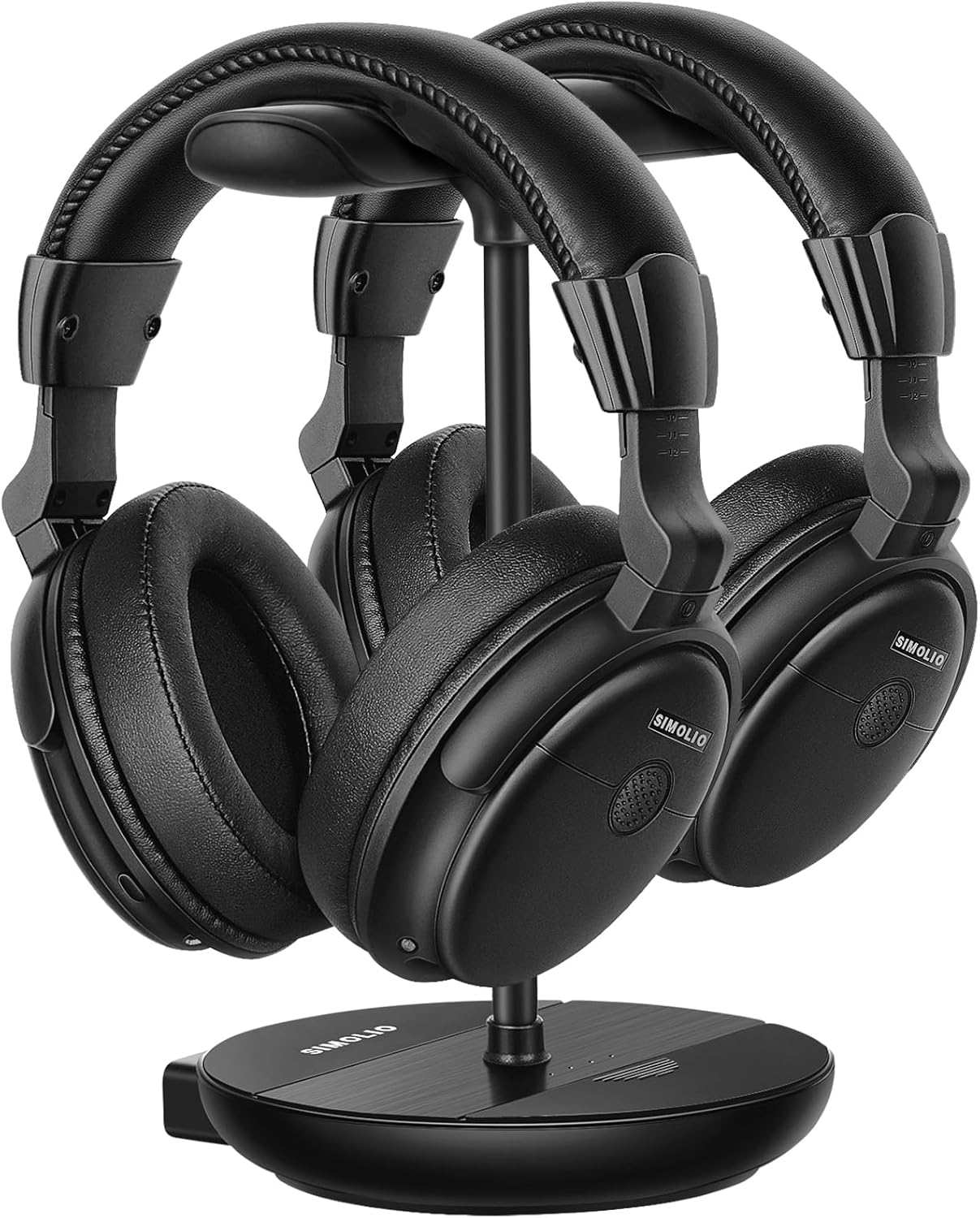 SIMOLIO SM 829D2 TV Funkkopfhörer Set - Zwei kabellose Over Ear Kopfhörer mit Sender und Ladestation - 2,4 GHz klare Dialogwiedergabe - Schwarz mit Ersatzakku und Audio Bypass-Nestmyio