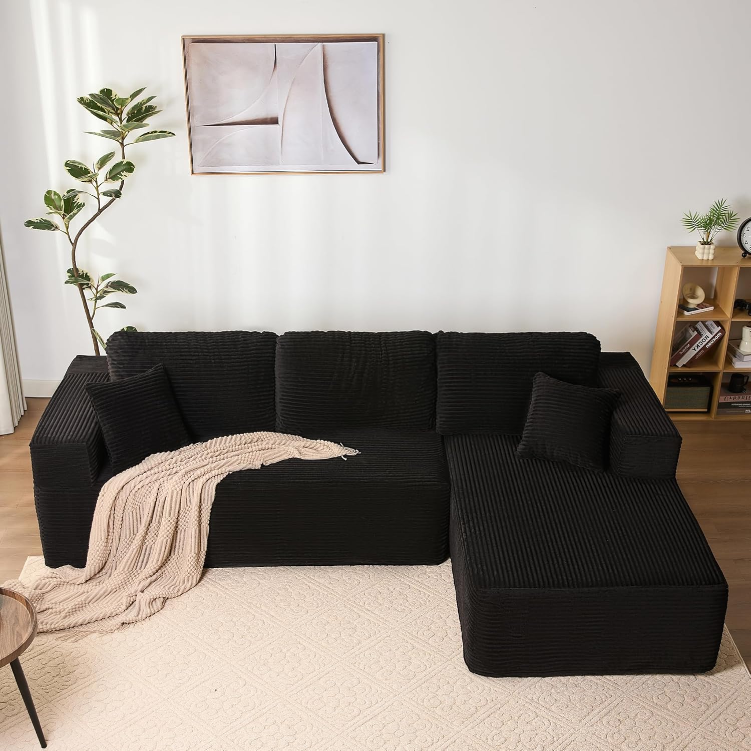 Modulares Ecksofa mit Schlaffunktion - Rahmenlose L Form mit Chaiselongue rechts - Extra tiefe Cord Sitzfläche ohne Montage - Schwarz für Wohnzimmer-Nestmyio