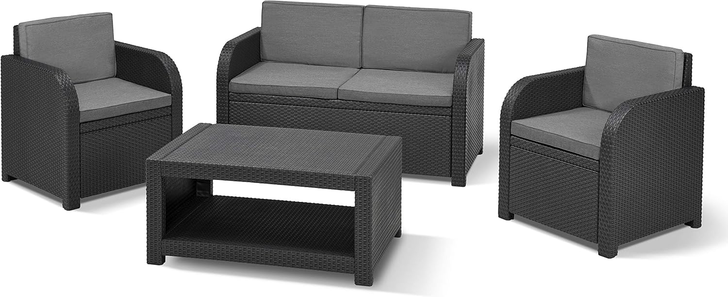 Allibert by Keter Modena Gartenmöbel Set - Vierteilig mit zwei Sesseln Sofa und Tisch - Kunststoff in flacher Rattanoptik mit Sitzkissen - Grau für Garten Balkon und Terrasse-Nestmyio