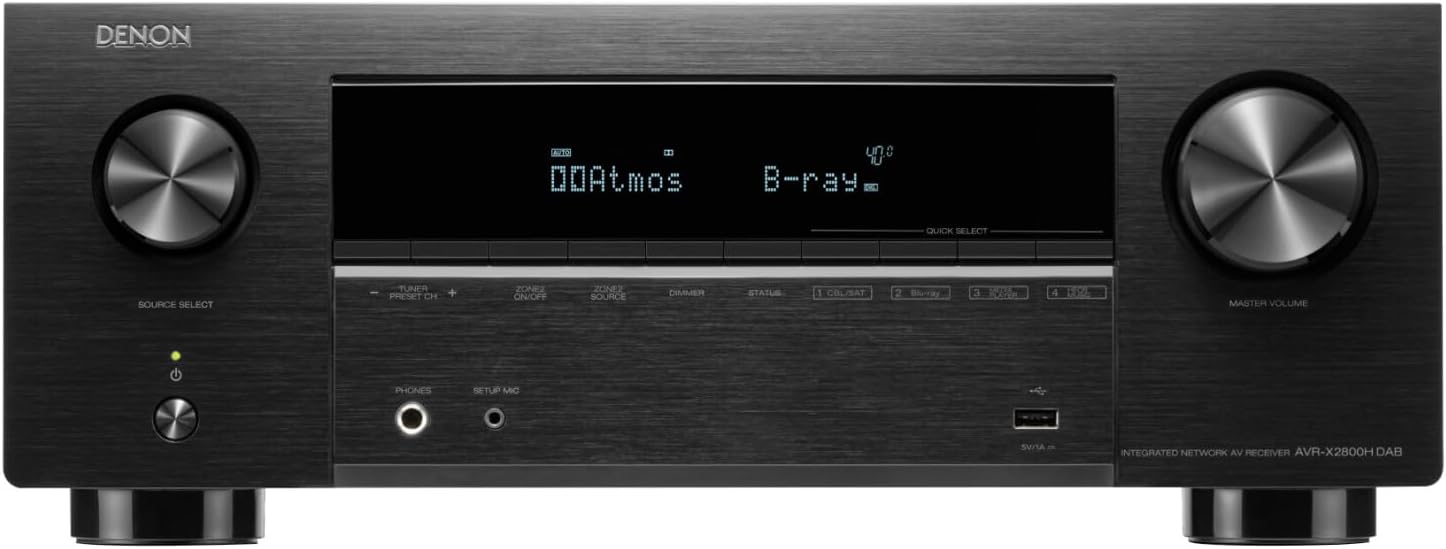 Denon AVR X2800HDAB AV Receiver - 7.2 Kanal Surround mit Dolby Atmos und DTS X - Sechs HDMI Eingänge zwei Ausgänge und 8K HDMI - Schwarz mit WLAN Bluetooth DAB AirPlay 2 und HEOS-Nestmyio