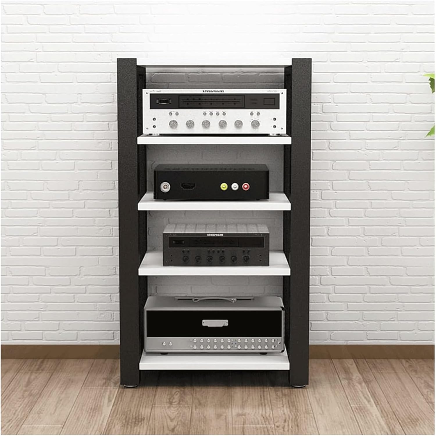 Audio Rack Turm mit fünf Ebenen - Moderner AV Medienständer für Stereo Komponenten - Verstellbare Medienablagen mit Bodenmontage - Weiß für Audio Video und Heimkino-Nestmyio