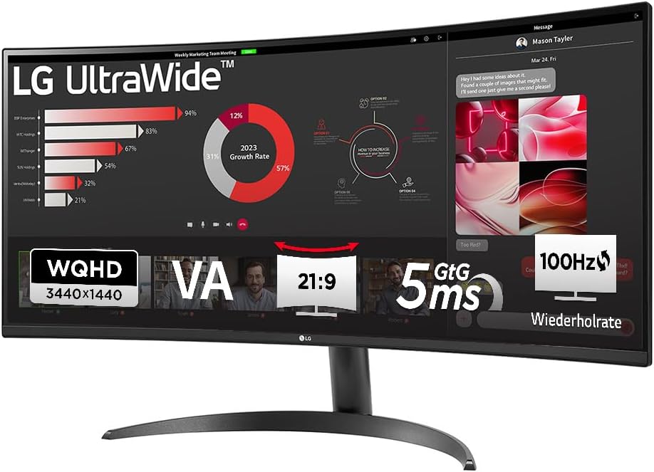 LG 34WR50QK B UltraWide Curved Monitor - 34 Zoll QHD mit 3440 x 1440 und 1800R - 100 Hz HDR10 und AMD FreeSync - Schwarz mit PBP und OnScreen Control-Nestmyio