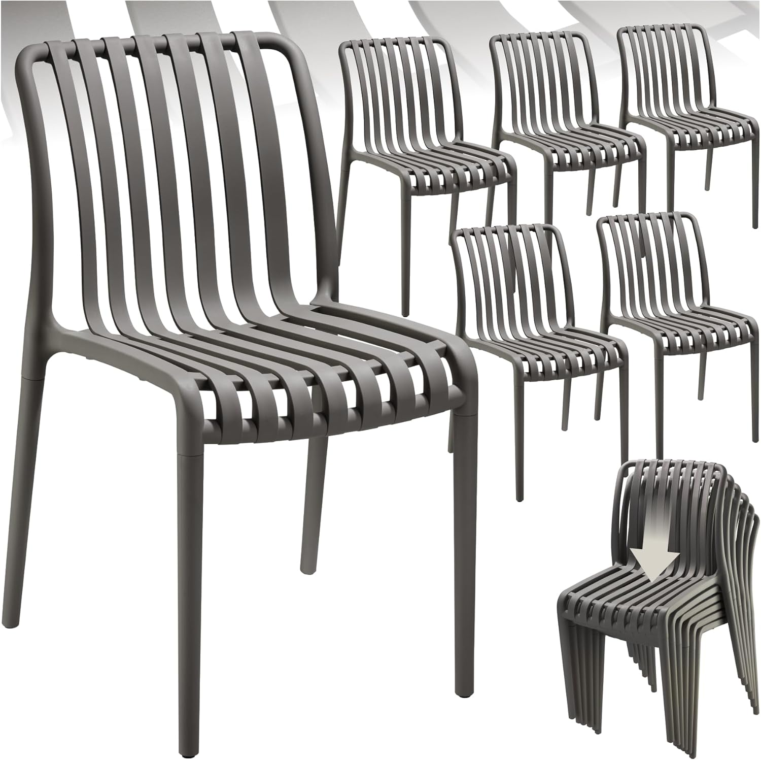 tectake Gartenstühle im 6er Set - Stapelbare Sessel aus Polypropylen ohne Armlehnen - 58 x 47 x 80,5 cm - Anthrazit für Balkon Terrasse Garten-Nestmyio