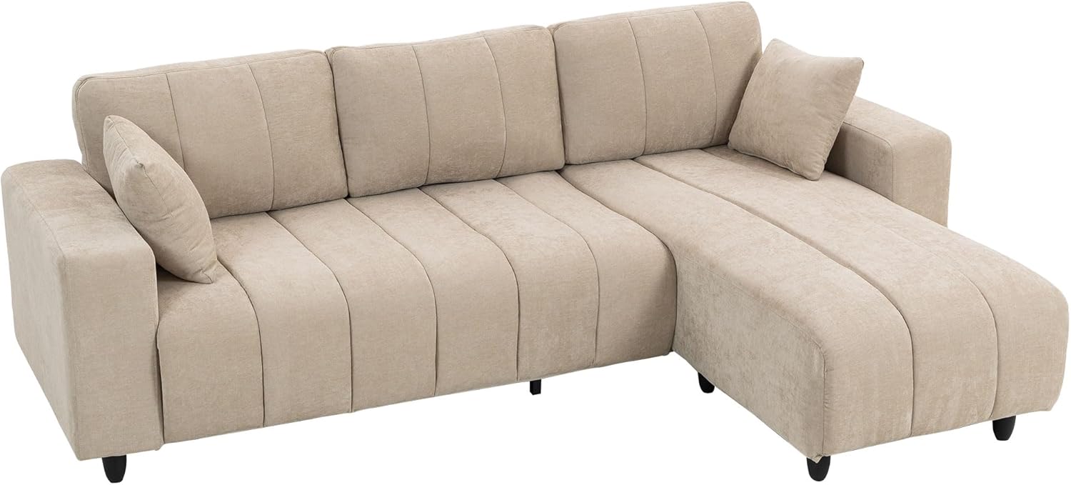 HOMCOM Ecksofa mit Chaiselongue - Dreisitzer in L Form mit umkehrbarer Seite und Kissen - Gepolsterte Leinenoptik bei 242 x 156 x 87 cm - Beige für Wohn und Schlafzimmer-Nestmyio