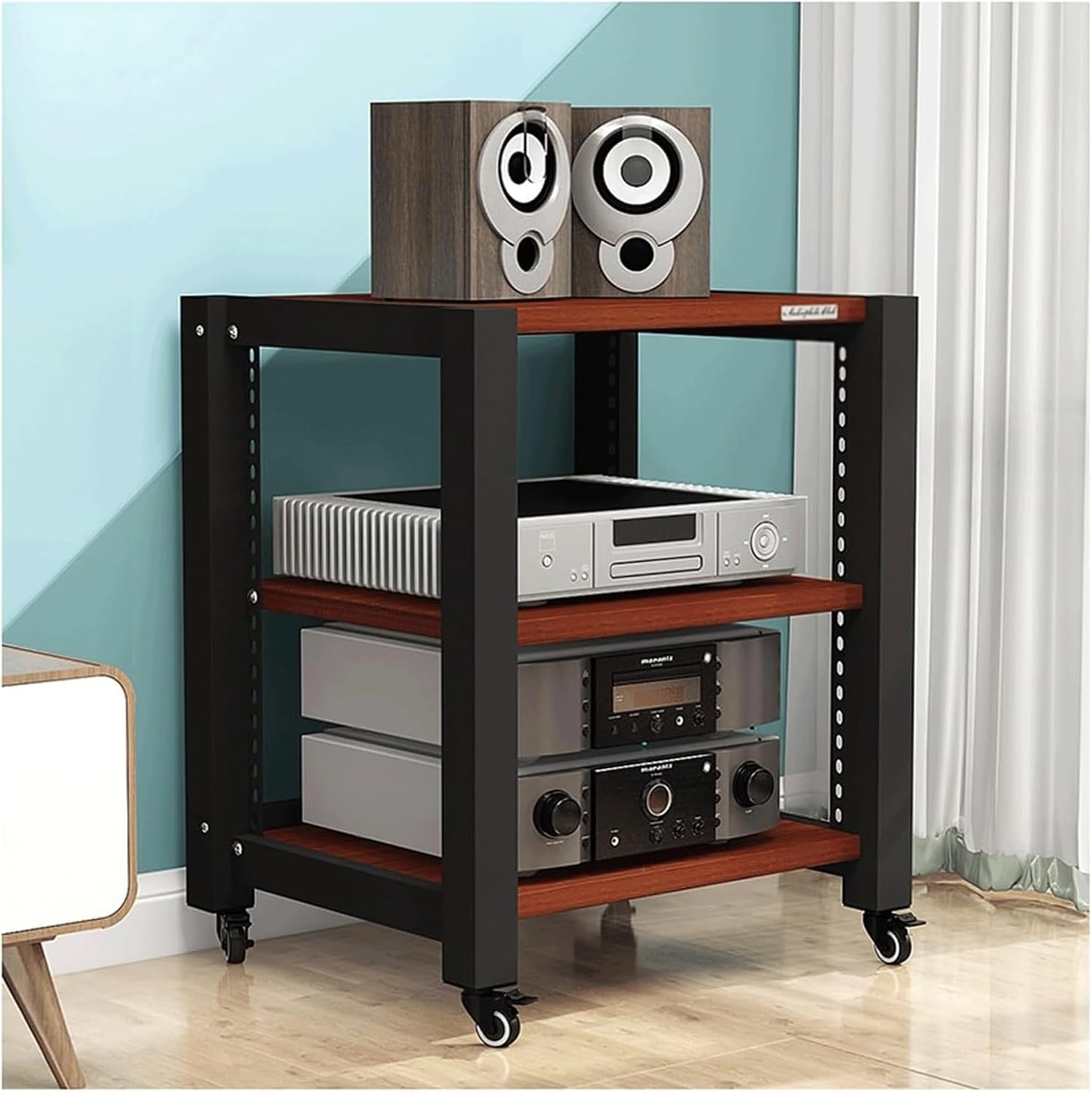 Audio Rack aus Holz mit Rollen - Dreistufiger AV Medienständer für Stereo Geräte - Verstellbare Ablagen und mobiler Geräteschrank - Braun für Wohnzimmer Büro und Heimkino-Nestmyio