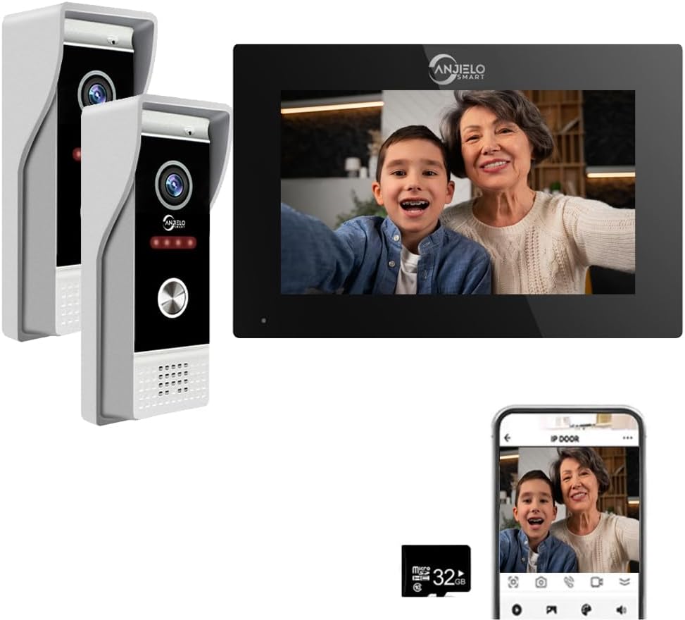 ANJIELO SMART TUYA Video Türsprechanlage - Zwei 1080p Türklingeln mit 7 Zoll Touchscreen - Infrarot Nachtsicht PIR Bewegung und Auto Aufnahme - Für Außenbereich-Nestmyio