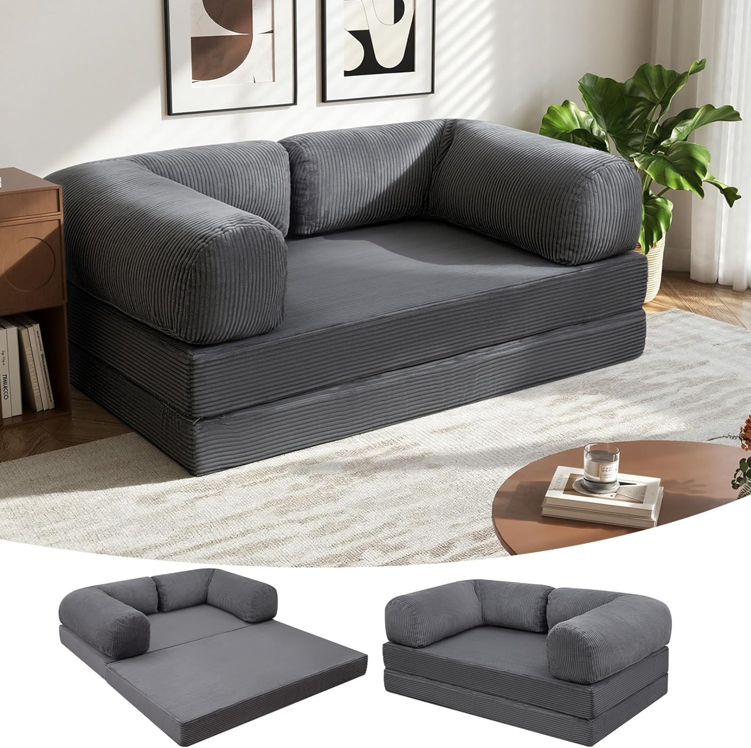 MeMoreCool Schlafsessel 4 in 1 - Boneless Couch mit Armlehnen und faltbarer Matratze - 150 x 90 x 60 cm ohne Montage - Grauer Kordsamt für Wohn und Schlafzimmer-Nestmyio