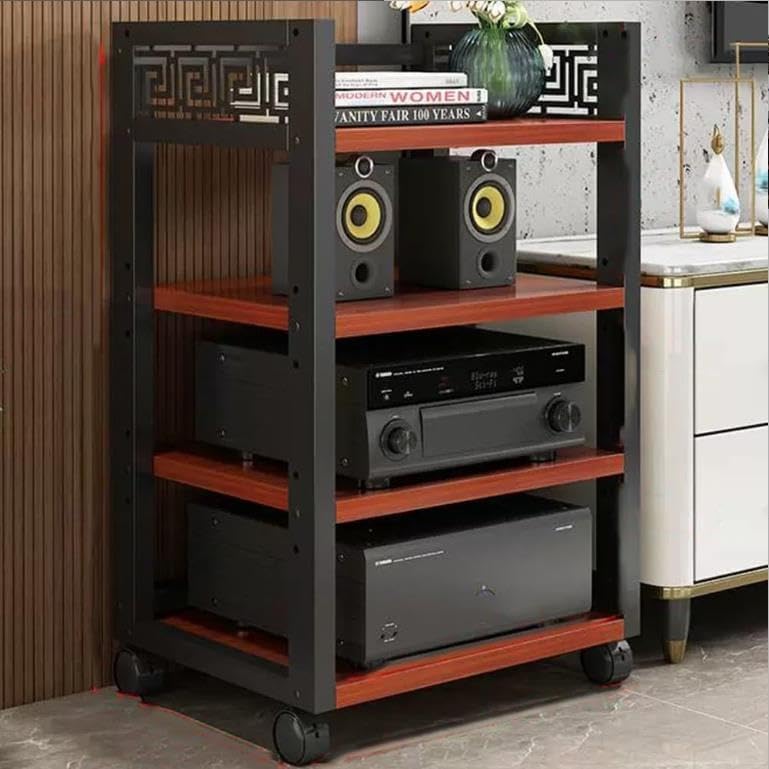 Stereo AV Rack mit Rollen - 4 Ebenen aus 16 mm Holzfaserplatte und Stahlrahmen - Verstellbare belüftete Regalböden für Audiogeräte - Für Wohnzimmer Büro und Heimkino-Nestmyio