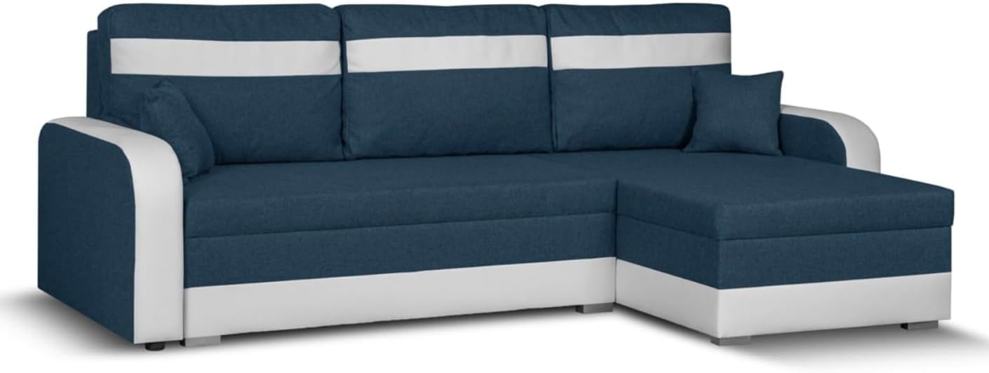 CONDI Ecksofa mit Schlaffunktion - 3 Sitzer L Form mit Bettkasten Hocker und Bonellfederkern - Stoff und Kunstleder 214 x 140 x 78 cm - Marienblau Weiß-Nestmyio