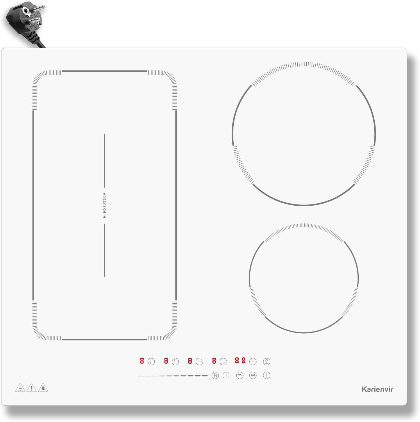 Weißes Induktionskochfeld mit Stecker - 60 cm mit vier Kochzonen und Flexzone - Booster Touch Display Timer und Warmhalten - Sicherheitssperre Pause und Glaskeramik-Nestmyio
