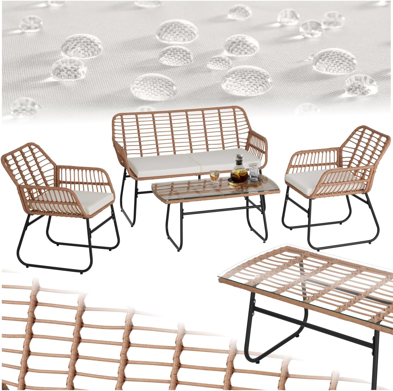 tectake Rattan Gartenmöbel Set für vier Personen - Gartenbank zwei Stühle und Tisch - Balkonmöbel für Garten Terrasse und Balkon - Naturfarben im modernen Stil-Nestmyio
