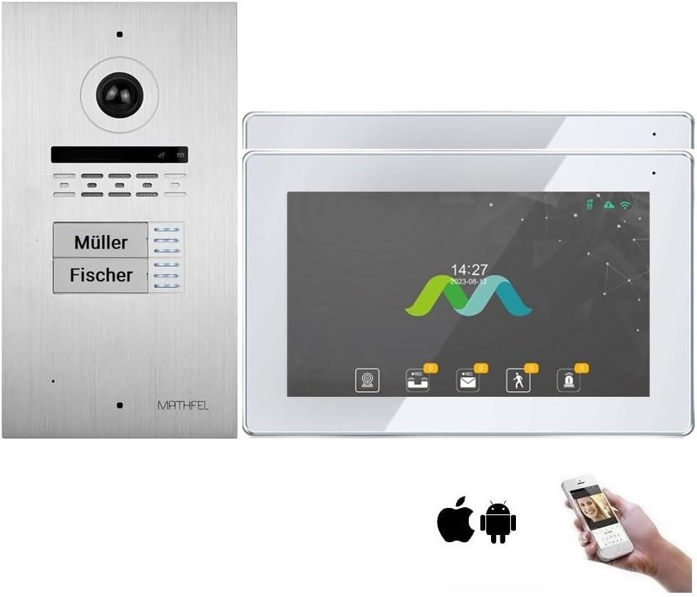 MATHFEL Video Türsprechanlage - Für Zweifamilienhaus mit zwei 10 Zoll Touchscreen Monitoren - Full HD 2 Megapixel Kamera 170 Grad - Silber mit WLAN und individueller Gravur-Nestmyio