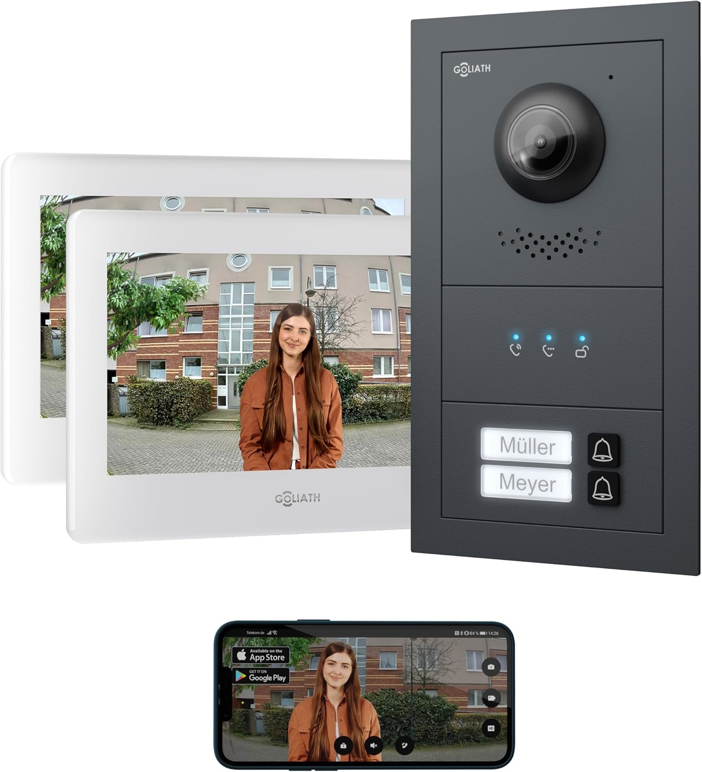 GOLIATH Basic Line Video Türsprechanlage - Set für Zweifamilienhaus mit Kamera und Monitoren - Smartphone App Gegensprechen und Türöffner - Anthrazite Unterputz Türstation-Nestmyio
