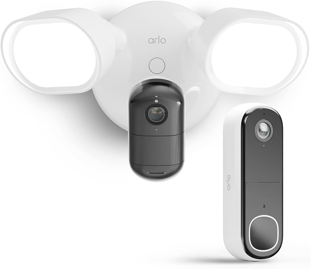 Arlo 2K Flutlicht Kamera und Türklingel - Kabelloses WLAN Set für Außenbereich - Nachtsicht Sirene LED Licht und Bewegungsmelder - Zwei Wege Audio mit Arlo Secure-Nestmyio