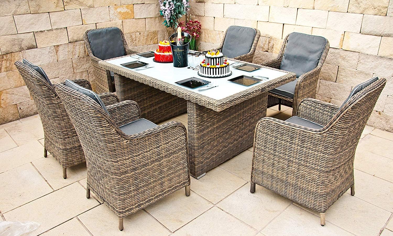RAGNARÖK Polyrattan Gartenmöbel Essgruppe - Tisch 170 x 102 cm und 6 Sessel - 12 Polster mit rostfreiem Aluminium - Naturfarben mit 8 Jahren UV Beständigkeit-Nestmyio