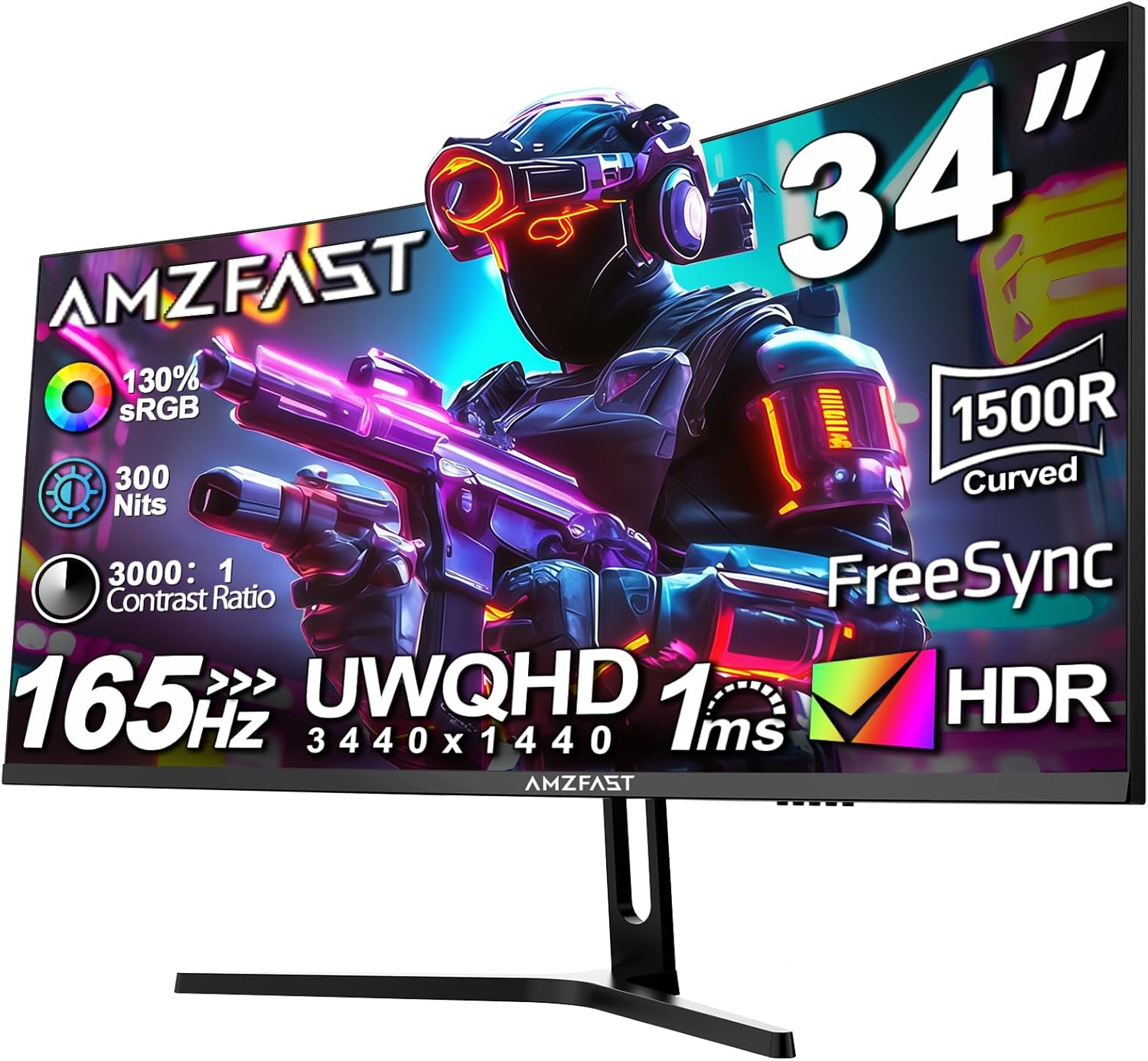 Amzfast AMZG34C5Q Curved Gaming Monitor - 34 Zoll UltraWide QHD mit 3440 x 1440 - 165 Hz 1 ms HDR und Adaptive Sync - PIP PBP VESA HDMI und DisplayPort-Nestmyio