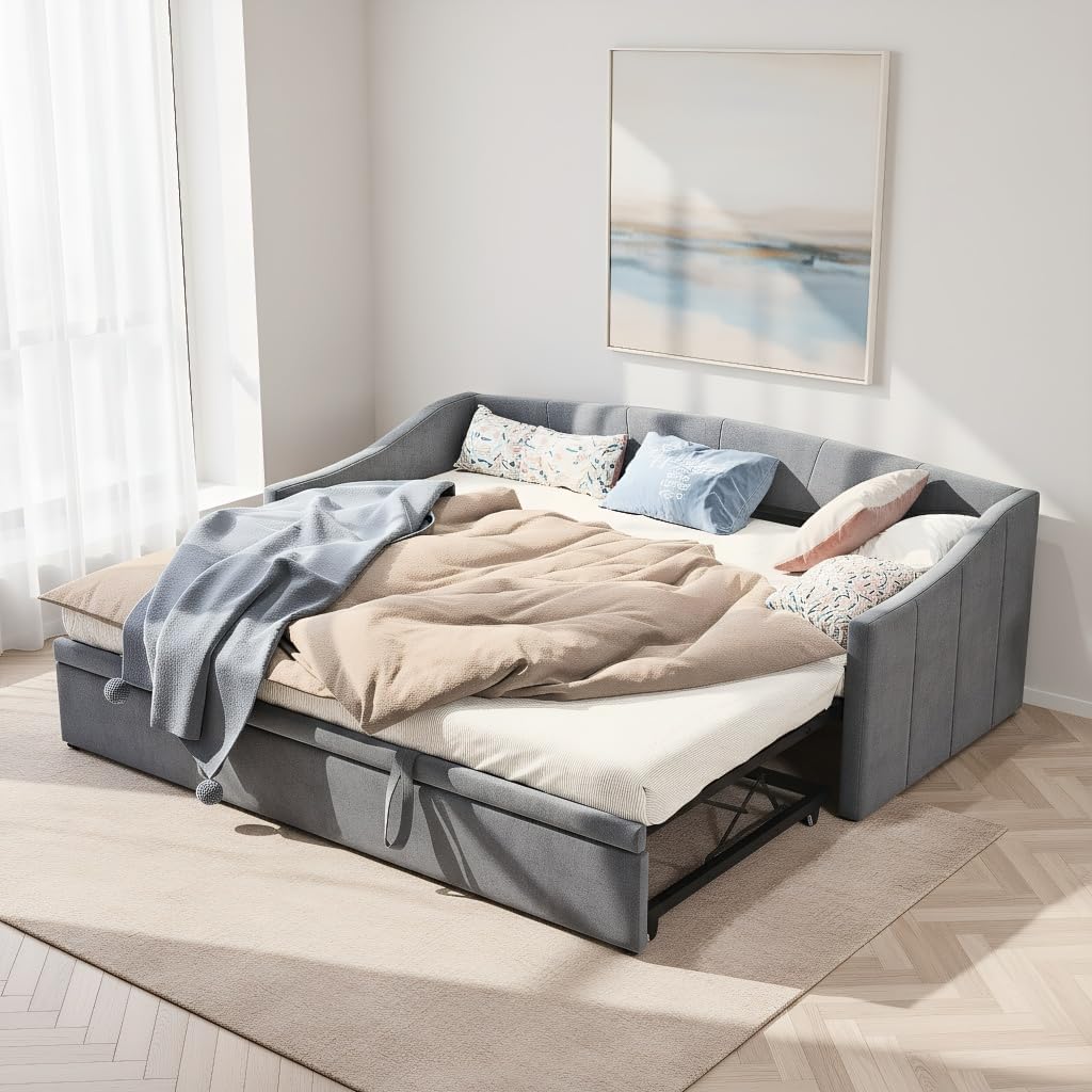 Ausziehbares Tagesbett mit Bettkasten - Schlafsofa für 2 Personen ohne Matratze - Erweiterbar von 90 auf 180 x 200 cm - Grau für Schlafzimmer und Gästezimmer-Nestmyio
