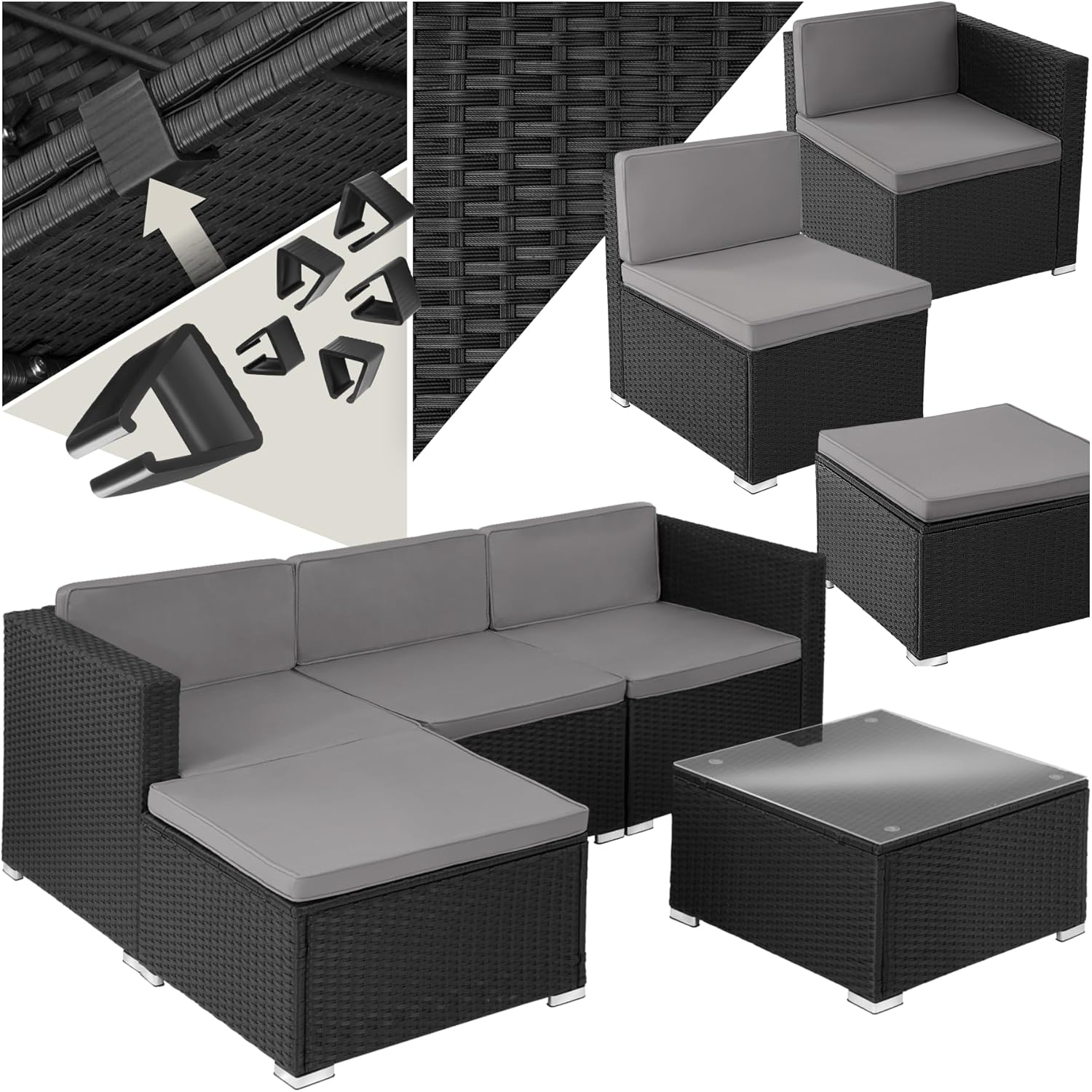 Tectake Polyrattan Lounge Gartenmöbel Set - Sitzgruppe für 3 bis 4 Personen - Sofa Sessel Hocker und Tisch frei kombinierbar - Wetterfest Schwarz für Garten Terrasse Balkon-Nestmyio