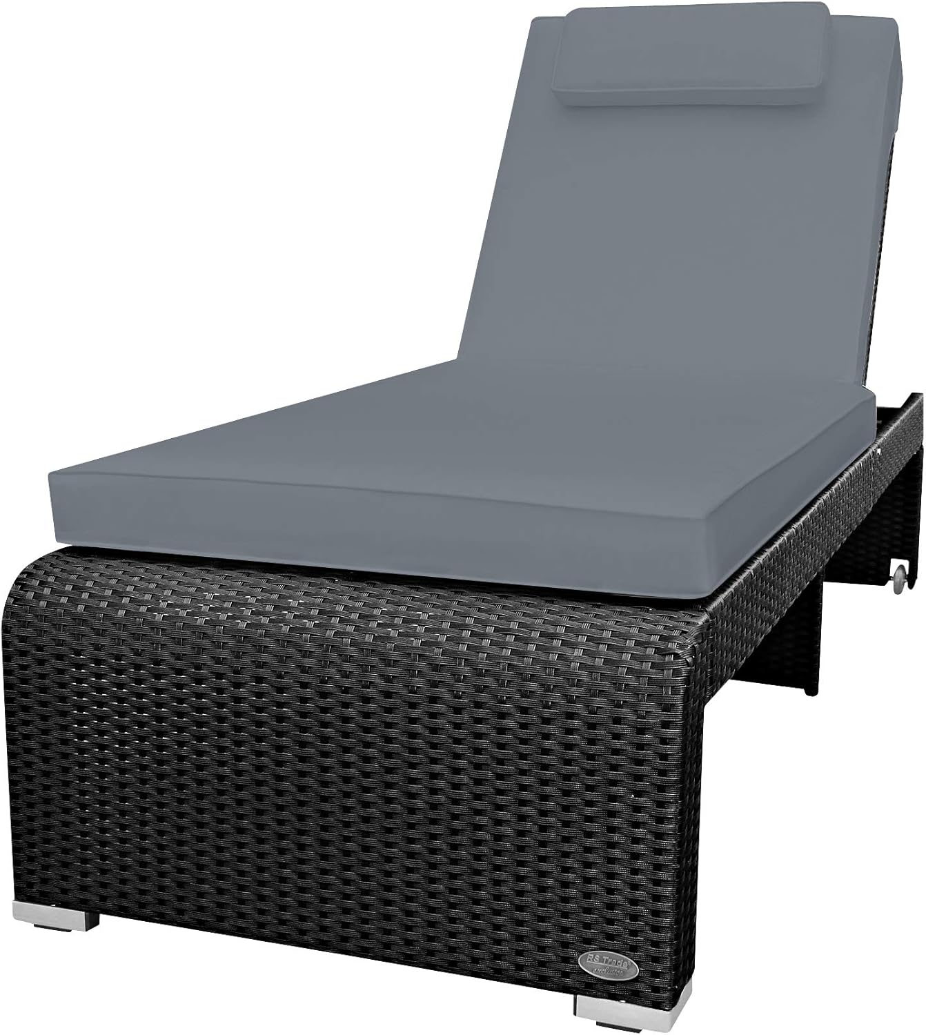 RS Trade Monza Sonnenliege - Poly Rattan mit breiter Liegefläche - Verstellbare Rückenlehne mit Kopfteil und grauer Auflage - Schwarz für Garten Terrasse und Poolbereich-Nestmyio